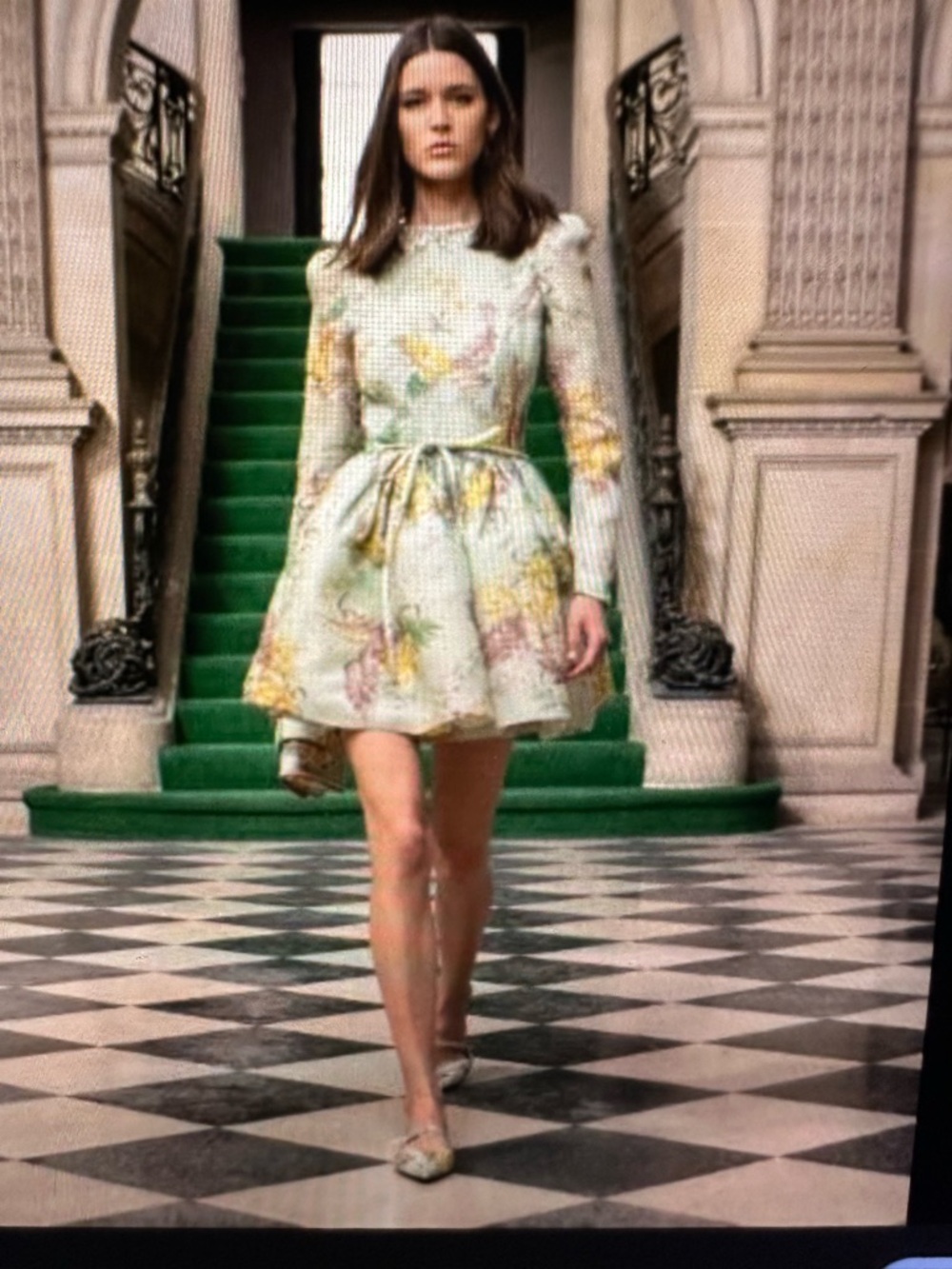 Zimmermann Floral Puff-Sleeve Mini Dress in Pale Green and Yellow